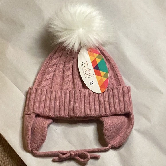 ZUBII GIRLS BLUSH PINK CABLE-KNIT WHITE FUR EAR FLAP BEANIE SZ.XS - Picture 1 of 4